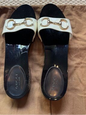 Gucci Black & Cream Patent Leather Horsebit Slide Mules